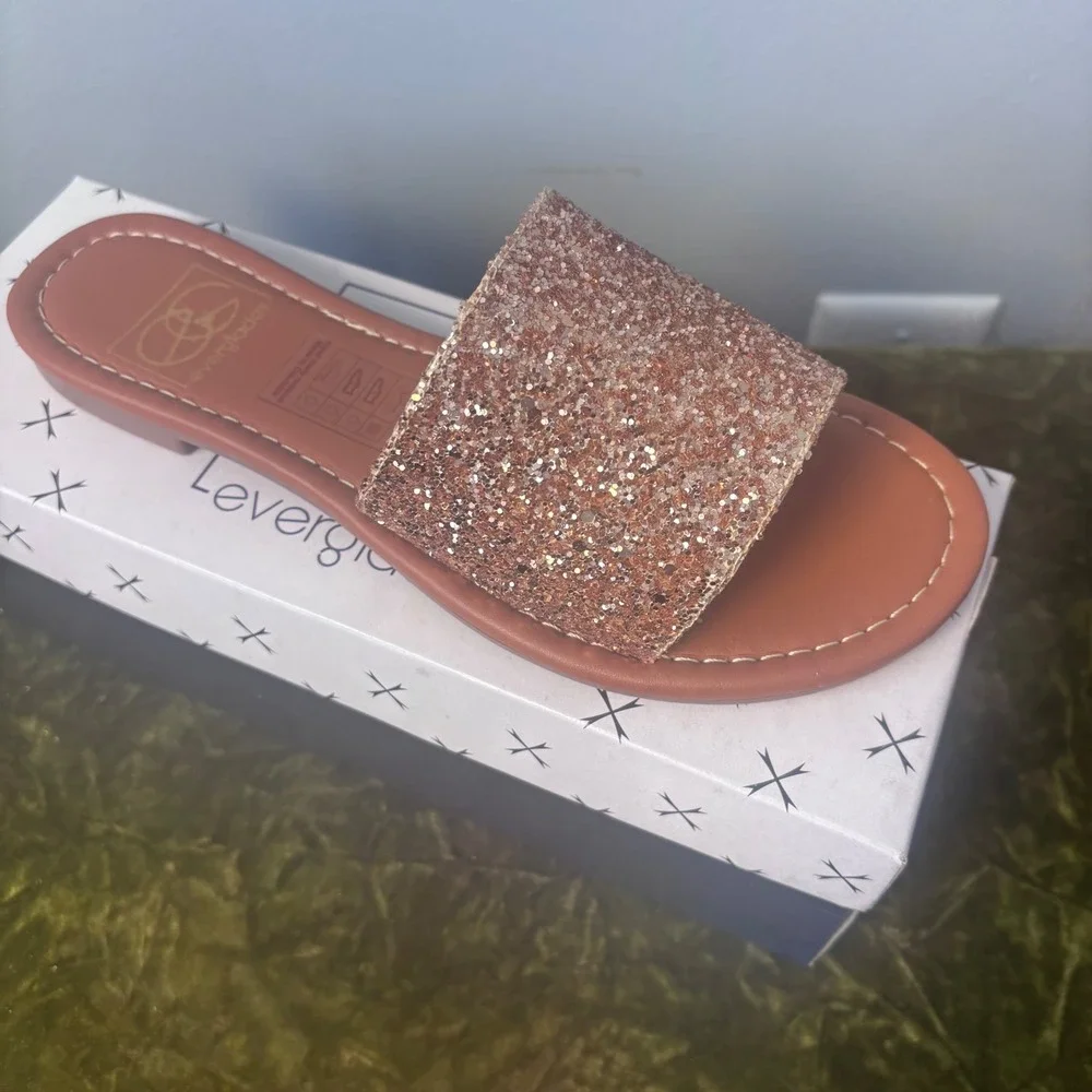 Everglades Rose Gold Glitter Slide Sandals Women Size‎ 8 Sparkly Flat Slip On